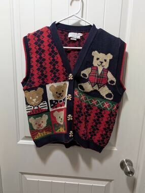 Vintage Sweater Loft 1980s Teddy Bears Christmas Sweater Vest Cardigan Size S